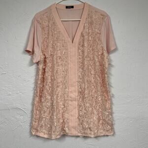 Badgley Mischka Pink Floral Appliqué Short Sleeve Blouse Womens XXL Coquette Top